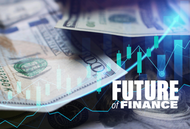 The image features U.S. dollar bills overlaid with financial graphs and candlestick charts, along with the text "Future of Finance," representing financial growth and innovation.